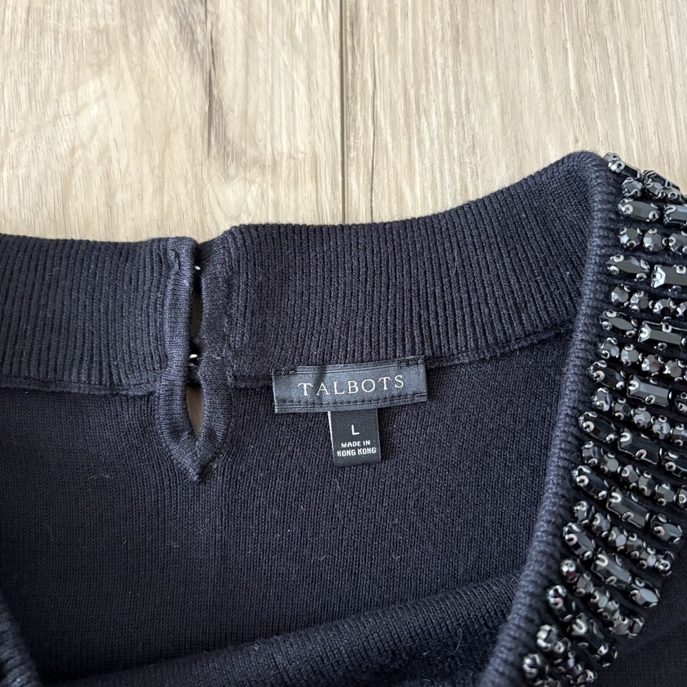 Talbots Black Jeweled Neckline Short Sleeve Knit Top Rhinestone Sweater Large L - Picture 4 of 7